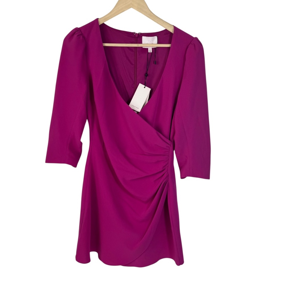 Cinq‎ A Sept Theo NWT Pink Ruby Faux Wrap Side Ruched Dress Sz 6 - Picture 2 of 12
